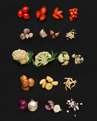 Collage of various vegetables on black background, isolated