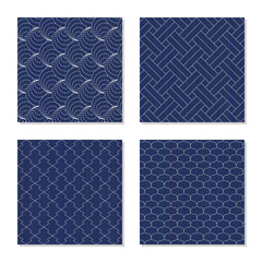 Sashiko. Seamless patterns. Set of abstract textures. Japanese motifs. Four simple backgrounds - shell, pine bark, fishing scales and weaving. Indigo lines and stitches. For pattern fills.