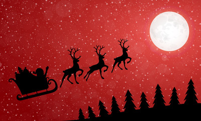 Winter landscape with Santa Claus, reindeer and christmas trees. Vector.	