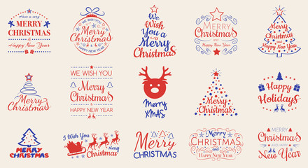 Merry Christmas - collection of Christmas decorations with wishes. Vector.