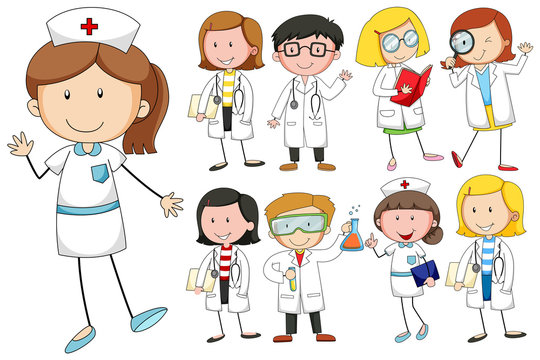 Nurses and doctors on white background