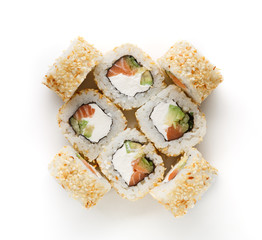 Set of fish rolls isolated on white, closeup