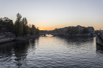 Sunrise view down the Seine river in Paris