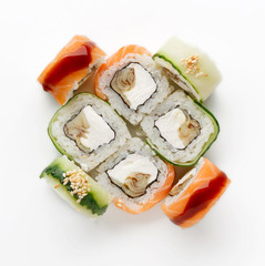 Set of fish rolls isolated on white, closeup