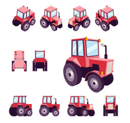 Red farm tractor, from different angles. Vehicle template vector isolated on white. View front, rear, side, top, isometric, back, 3D perspective, low poly flat style.