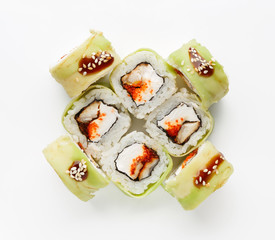 Set of fish rolls isolated on white, closeup