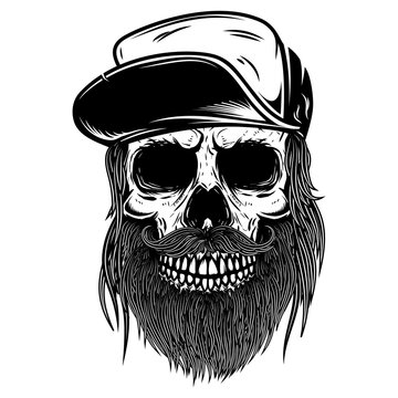 Bearded skull in baseball cap. Design element for t shirt, poster, emblem, sign. Vector illustration