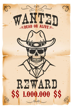 Vintage wanted poster template with old paper texture background. Cowboy skull. Wild west theme. Vector illustration