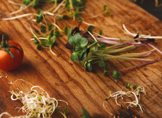 Assortment of micro greens on wooden board