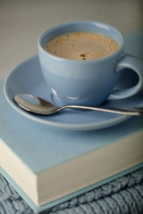 Coffee in a light blue cup and book in blue binding with a knitted scarf on a wooden background.