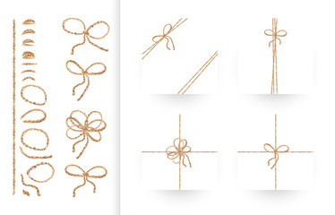 Set of ribbons, bows and ornaments made of natural linen rope and twines. Realistic illustration in vector. Collection of individual elements to create your own composition. EPS10 - obrazy, fototapety, plakaty