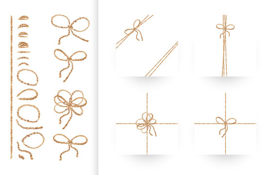 Set of ribbons, bows and ornaments made of natural linen rope and twines. Realistic illustration in vector. Collection of individual elements to create your own composition. EPS10