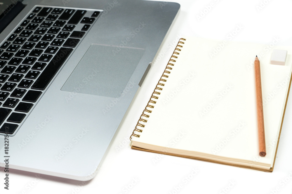 Poster Business office work desk table with computer laptop , note and stationery on white table background include copyspace for add text or graphic
