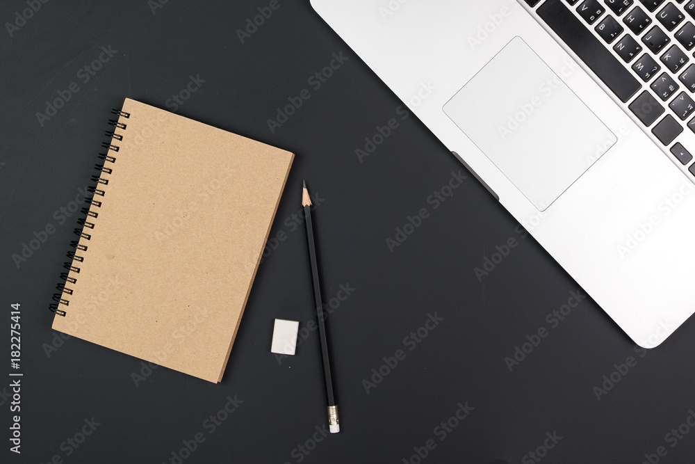 Poster business office work desk table with computer laptop , note and stationery on black table background