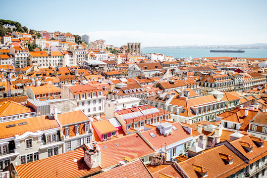 Cityscape view on the old town during the sunny day in Lisbon city, Portugal