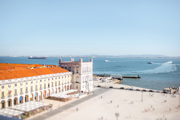 Top view on the Commerce square in the centre of Lisbon city during the sunny day in Portugal