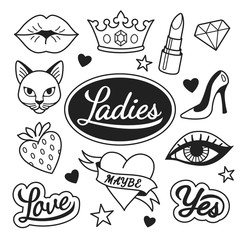 Fashion icons collection. Vector illustration of female symbols, such as kissing lips, lipstick, cat, shoe, crown, strawberry and heart. Isolated on background.