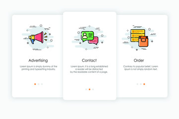Onboarding screens design in marketing concept. Modern and simplified vector illustration, Template for mobile apps.