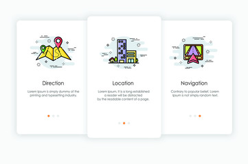 Onboarding screens design in location and direction on map concept. Modern and simplified vector illustration, Template for mobile apps.