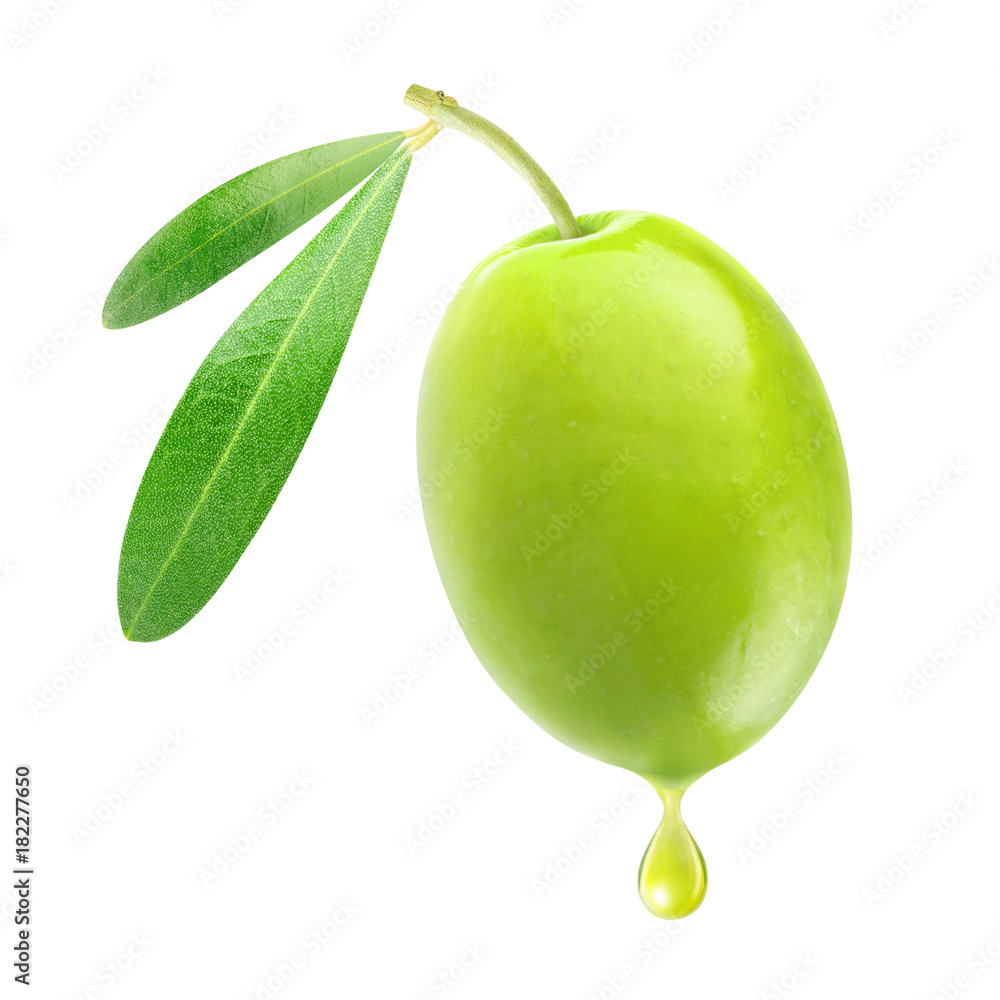 Poster Isolated olive. One green olive with leaves and drop of oil isolated on white background with clipping path