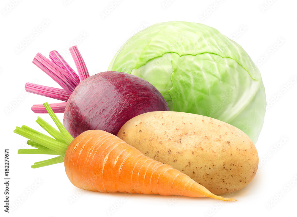 Aufkleber isolated vegetables. raw carrot, potato, beetroot and cabbage isolated on white background with clip
