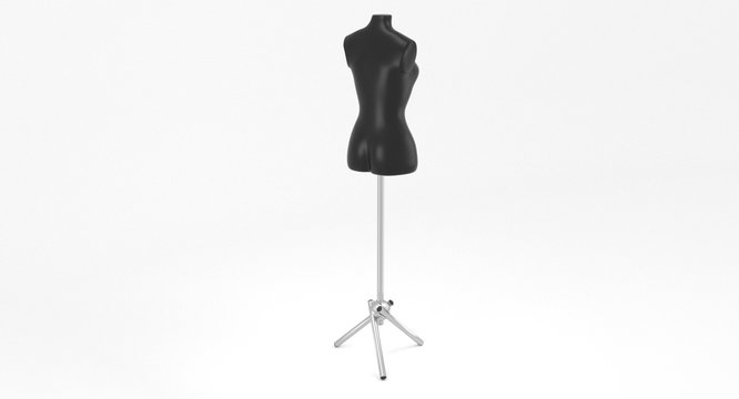 3D rendering - female black mannequin on metal stand for dressmaker isolated on white background.