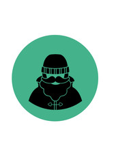 fisherman/sailorman flat icon - a man with a mustache a beard wearing an  in a trench coat raincoat boots and knit hat. Template for infographic, card, poster, banner, web-design