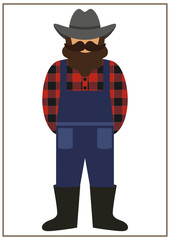 farmer/worker flat icon - a man with a mustache a beard wearing an  in a plaid shirt, denim/ jeans overalls (jumpsuit),boots and hat. Template for card, poster, banner, web-design