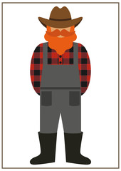 farmer/worker flat icon - a man with a mustache a beard wearing an  in a plaid shirt,overalls (jumpsuit),boots and hat. Template for card, poster, banner, web-design