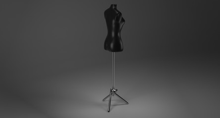 3D rendering - female black mannequin on metal stand for dressmaker isolated on black background.