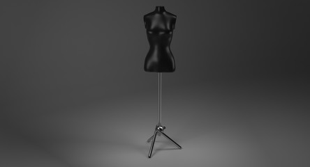 3D rendering - female black mannequin on metal stand for dressmaker isolated on black background.