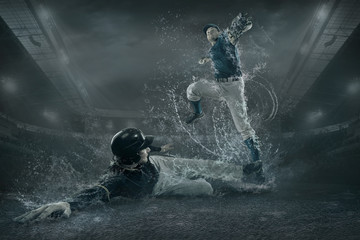 Baseball players in action under water