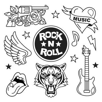 Rock and roll icons collection. Vector illustration of rock music badges and symbols, such as gun and rose, heart with the ribbon, tiger face, guitar, open mouth and wings. Isolated on white.