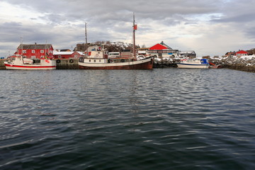 Fototapeta na wymiar Fishing boats-old and modern-moored in the port. Laukvik-Vagan kommune-Austvagoya-Lofoten-Norway. 0624