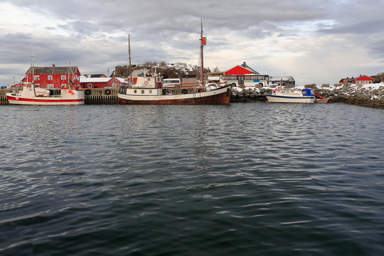 Fishing boats-old and modern-moored in the port. Laukvik-Vagan kommune-Austvagoya-Lofoten-Norway. 0624