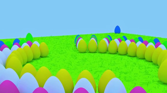 3D-Rendering von gef&auml;rbten Eiern auf gr&uuml;nem Rasen stehend
