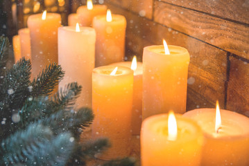 Christmas candles and lights on the eve of the New Year or Christmas, Christmas card
