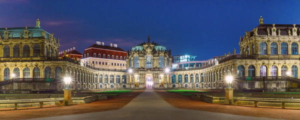 Panorama of Palace in Rococo style and museum Zwinger at night in Dresden, Saxony, eastern Germany