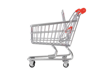 Empty mini shopping cart isolated on white background.