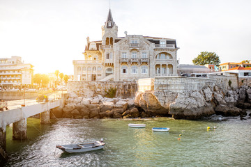 View on the bay with Palmela palace in Cascais resort in Porrtugal - obrazy, fototapety, plakaty