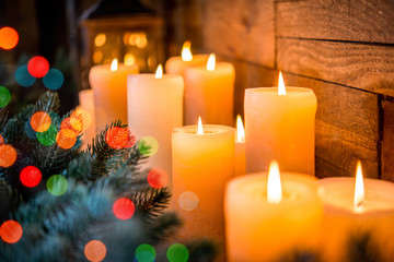 Christmas candles and lights on the eve of the New Year or Christmas, Christmas card