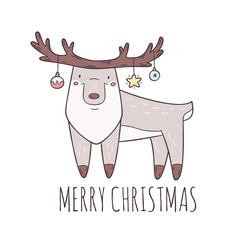 Reindeer with christmas decorations hanging from antlers doodle