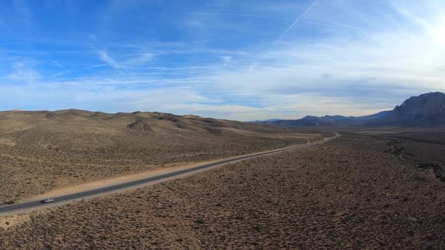 Aerial view of highway 157 in the Mojave Desert near Las Vegas Nevada.