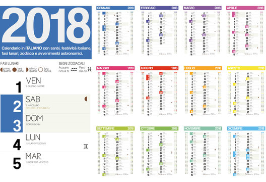 2018 italian calendar with italian holidays, zodiac , saints and moon phases