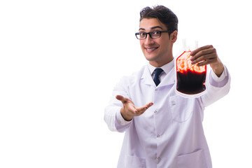 Doctor in blood donation concept isolated on white
