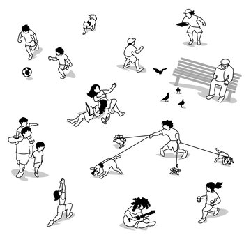 Vector Illustration of people playing, exercising and enjoying in park. Characters set.