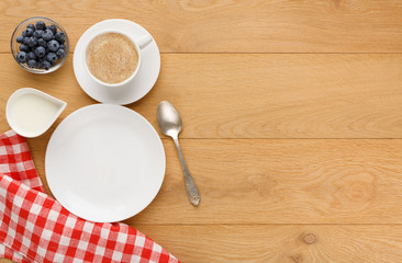 Table served for breakfast top view, copy space