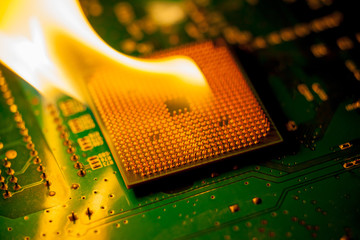 fire Burning cpu on circuit board with electronic