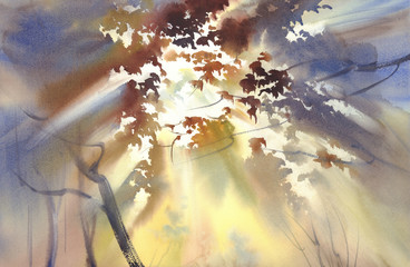 autumn light in the forest watercolor landscape