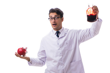 Doctor in blood donation concept isolated on white